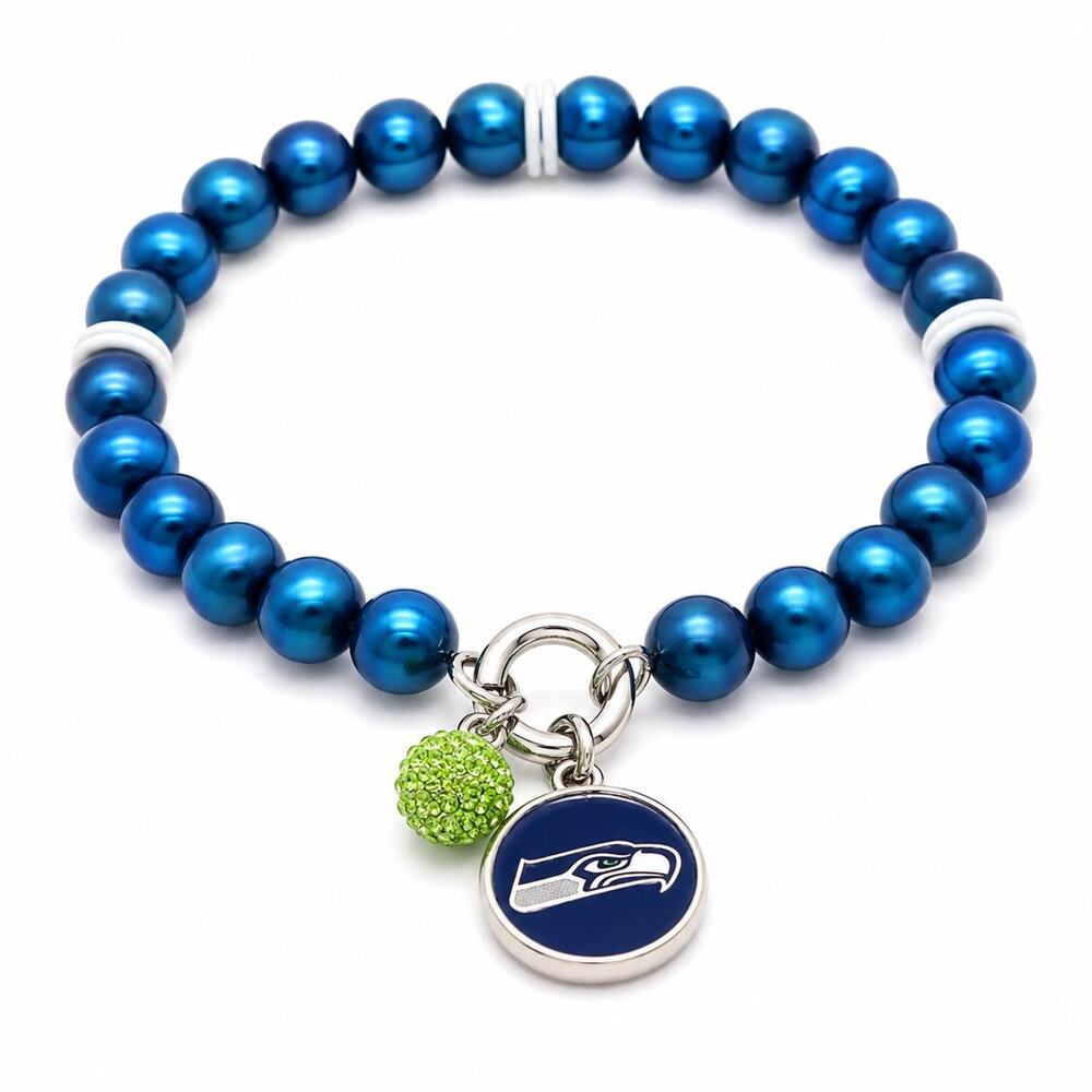 Seattle Seahawks Cultured Pearl Bracelet NFL Charm, Green Crystal